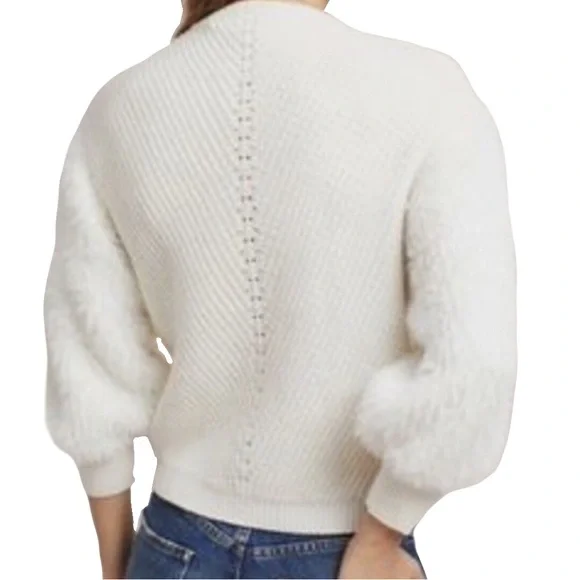 Anthropologie Knitted & Knotted Ivory Sweater Faux Fur Balloon Sleeves Size M - Picture 2 of 8